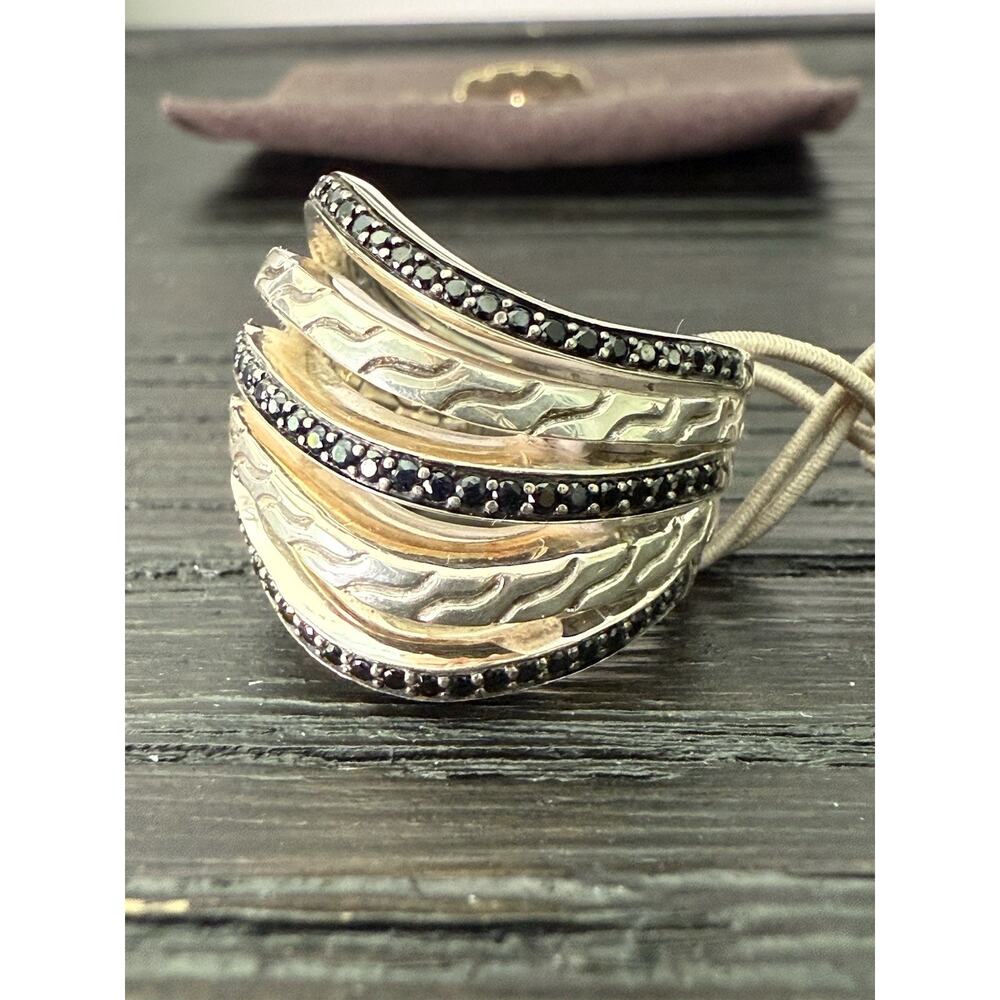 JOHN HARDY-Chain Motif Stacked 925 Silver Lava Treated Black Sapphire Ring-Sz 7